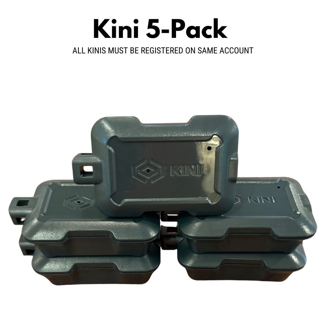 Kini: Wireless Motion Sensor with Realtime SMS Alerts - Kinisium LLC. Five - Pack of Gray Kini, top View showing Kini logo