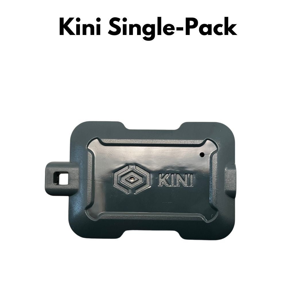 Kini: Wireless Motion Sensor with Realtime SMS Alerts - Kinisium LLC. Single Gray Kini, top View showing Kini logo