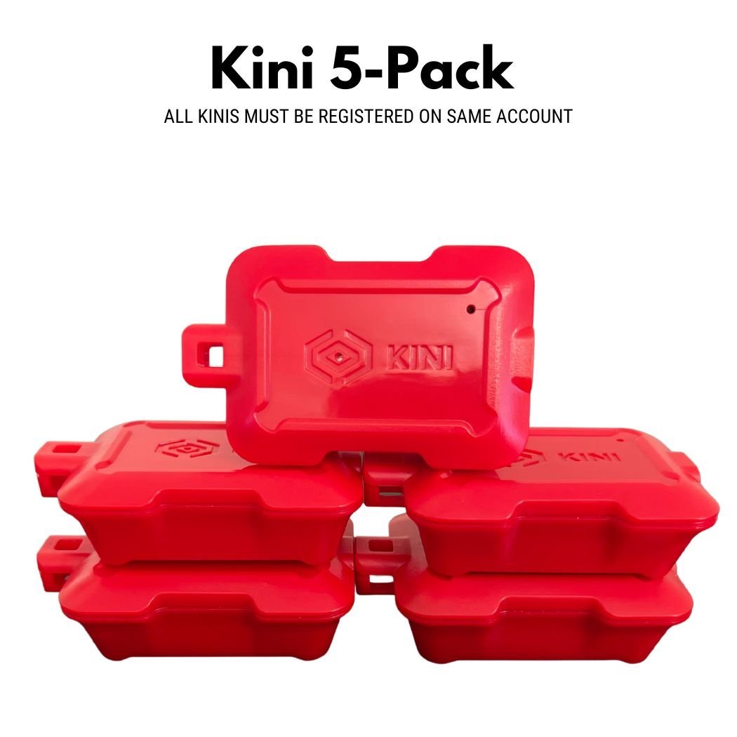 Kini: Wireless Motion Sensor with Realtime SMS Alerts - Kinisium LLC. Five - Pack of Red Kini, top View showing Kini logo