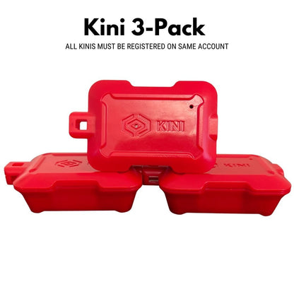 Kini: Wireless Motion Sensor with Realtime SMS Alerts - Kinisium LLC. Three - Pack of Red Kini, top View showing Kini logo