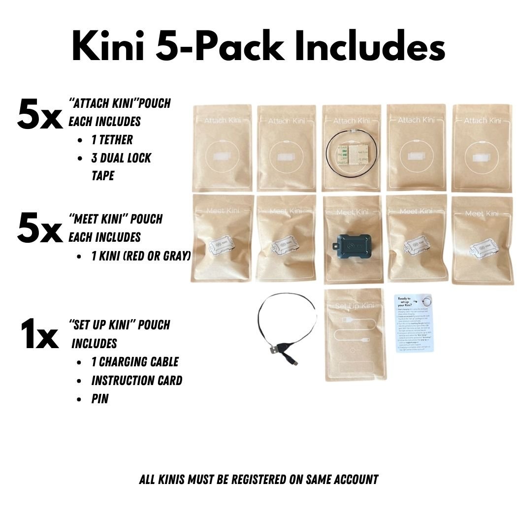 Graphic showing what is included with a Kini 3-Pack. Kini Wireless Motion Sensor  5 Pack) and the corresponding packaging.